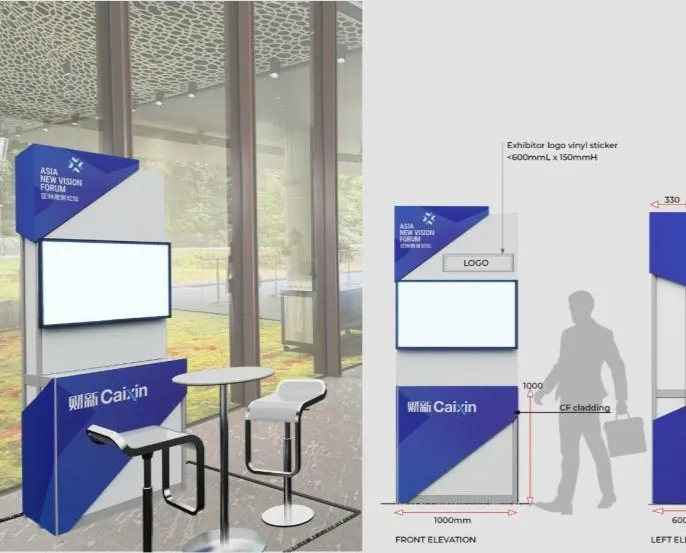 Asia New Vision Forum for Caixin Global — Booth elevations, front and left. Exhibitor logo vinyl specified at 4,600 × 150 mm.