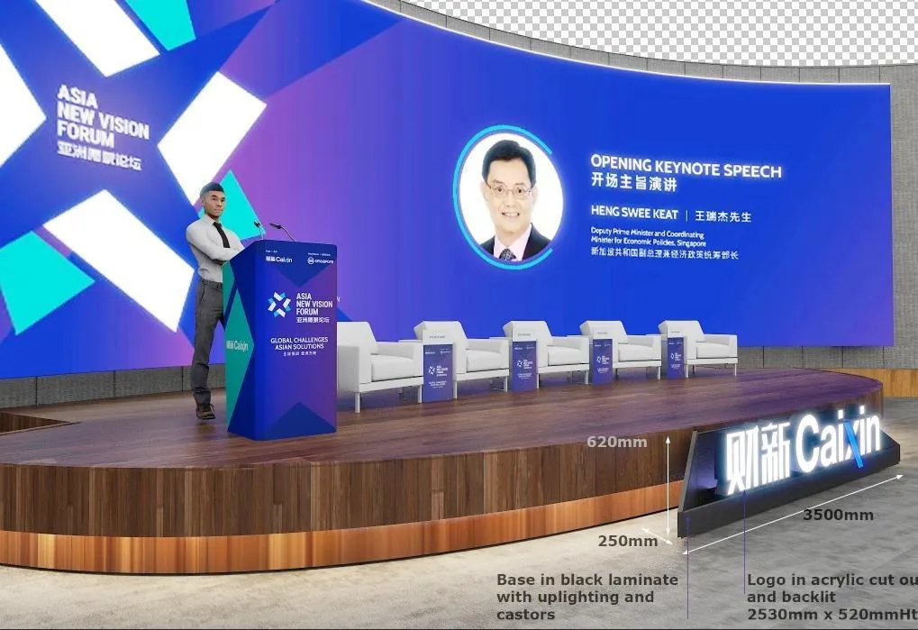 Asia New Vision Forum for Caixin Global — Stage elevation. Logo in acrylic cut-out, backlit, 2,530 × 520 mm; base in black laminate with uplighting, on castors for fast re-set.