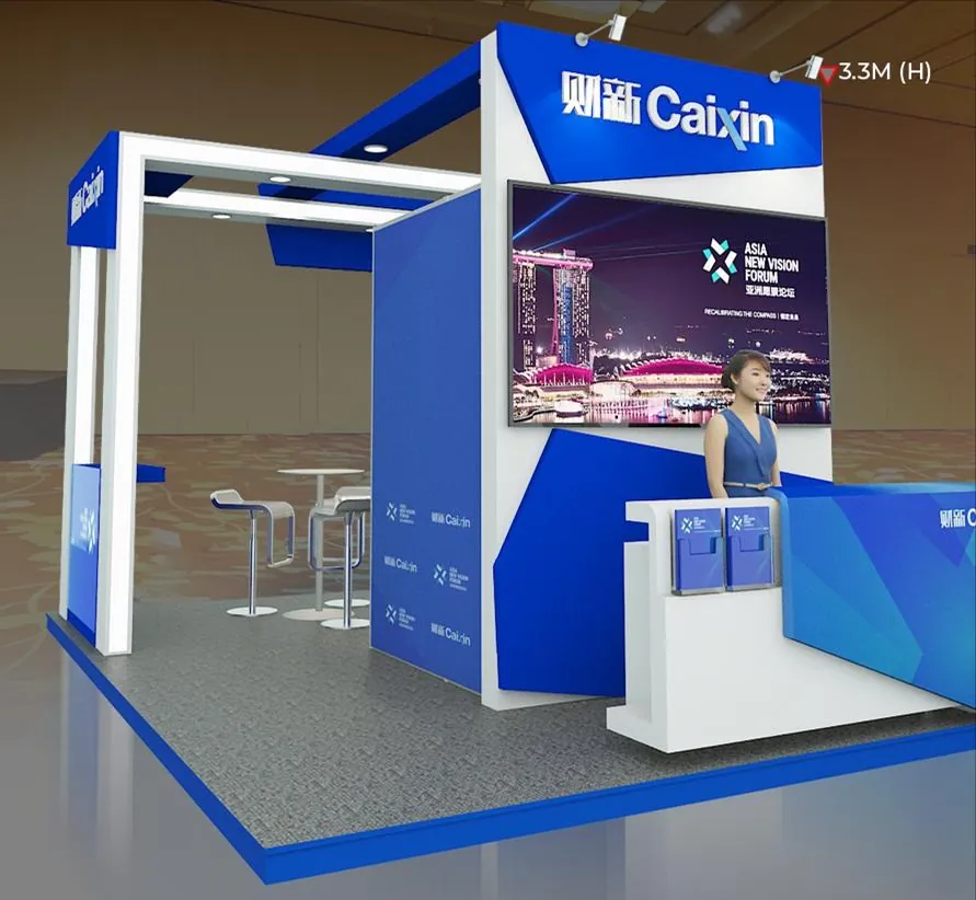 Asia New Vision Forum for Caixin Global — Satellite booth at 3.3 m — brand volume with integrated screen, bar seating and literature counter.