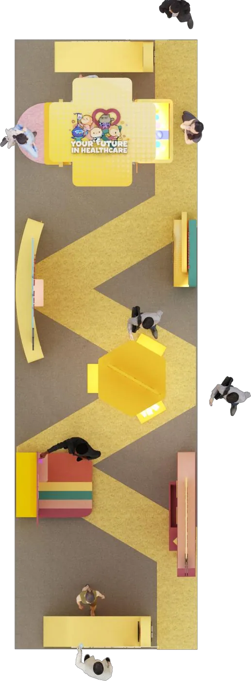 Care To Go Beyond Roadshow for MOH Holdings — Plan view. Circulation runs one way: register, explore, play, redeem.