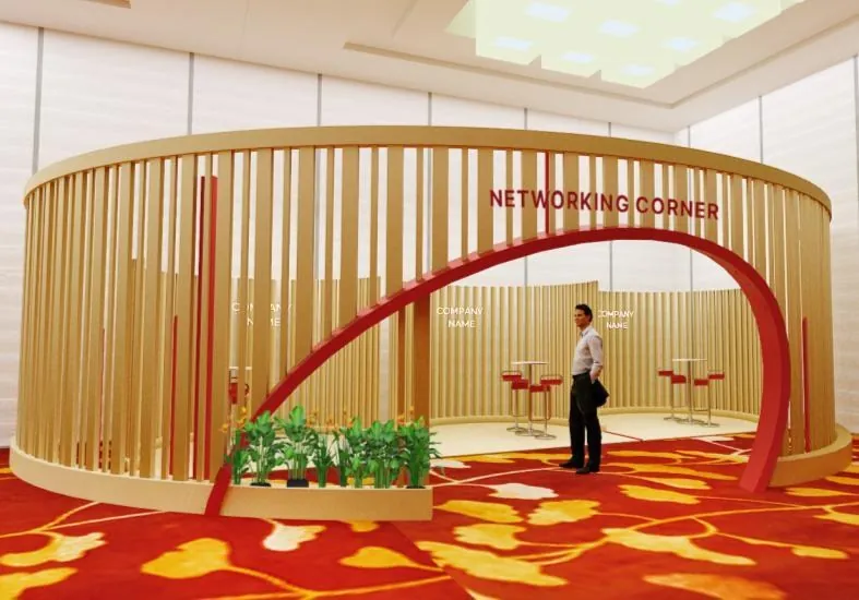 FutureChina Global Forum for Business China — Networking corner. Timber slats form an oval that reads as enclosure without blocking sightlines.