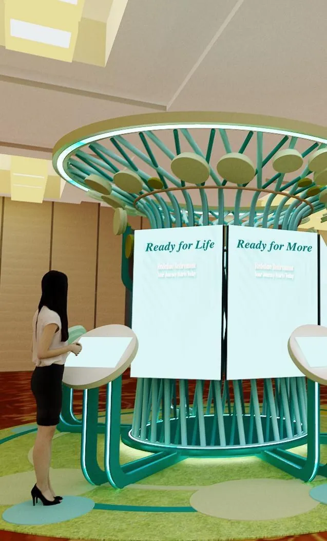 Ready For Life Festival for CPF Board & MoneySense — Consultation kiosk under an open slatted canopy — enclosure without a closed room.