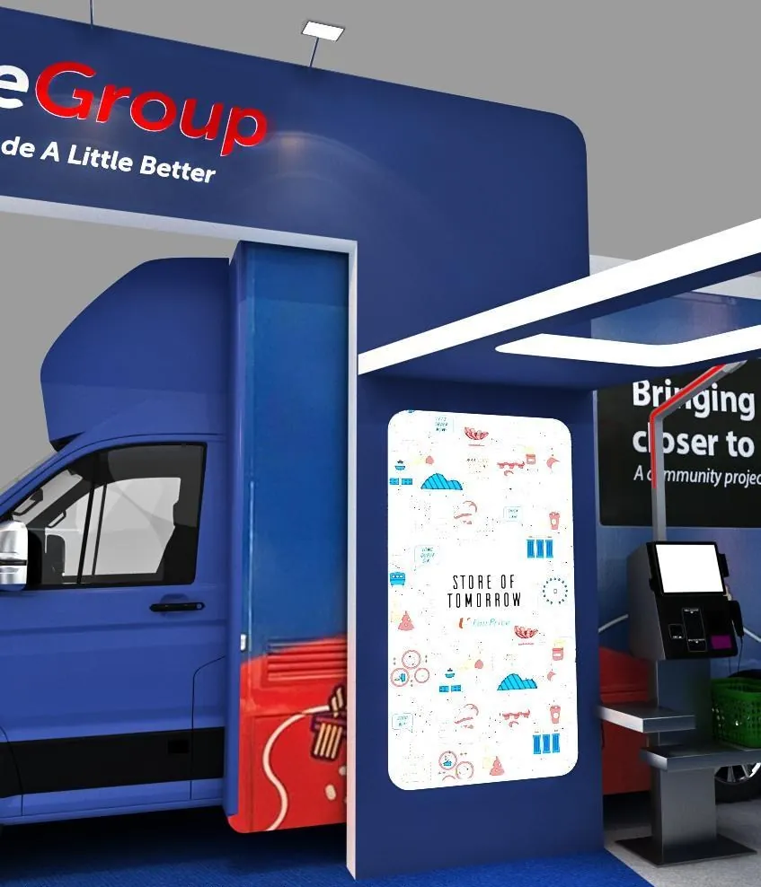 Store of Tomorrow for FairPrice Group — Mobile store van and community outreach zone, brought inside the hall at full scale.