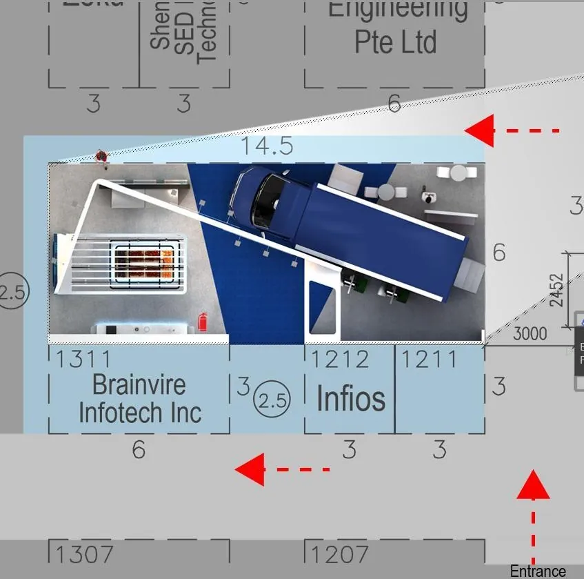 Store of Tomorrow for FairPrice Group — Plot plan. Entrance approach at bottom right; the stand is resolved for all four adjacencies.