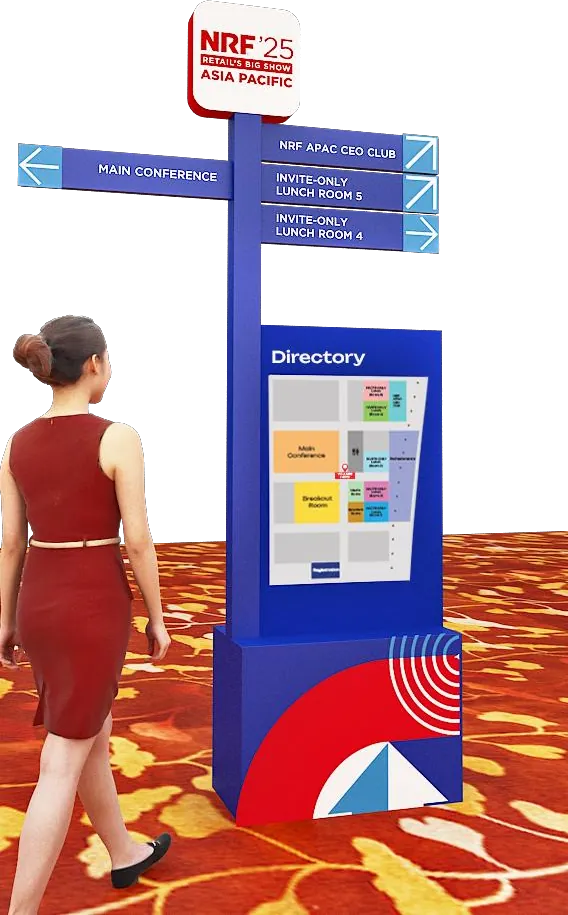 Retail's Big Show APAC for NRF — Directory totem. Wayfinding and identity resolved into one object.