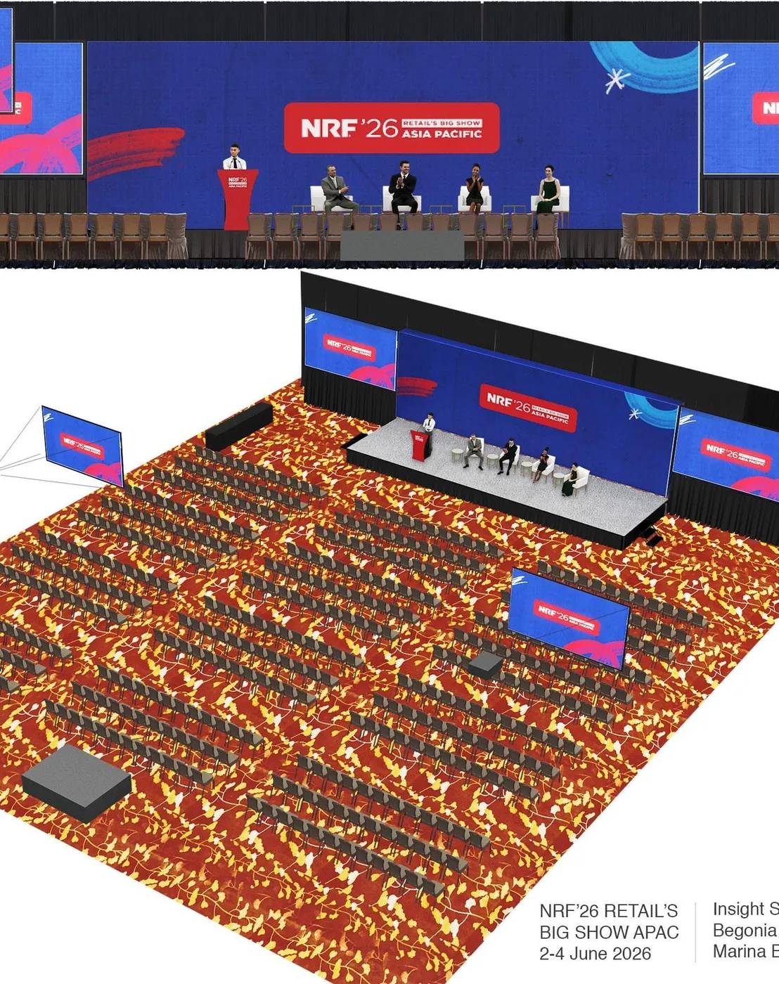 Retail's Big Show APAC for NRF — Plenary set-out for NRF '26, 2 – 4 June 2026, drawn against the venue's own ballroom dimensions.