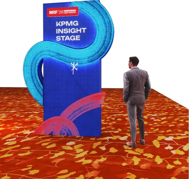 Retail's Big Show APAC for NRF — KPMG Insight Stage — a sponsor mark rebuilt as a freestanding sculptural volume.