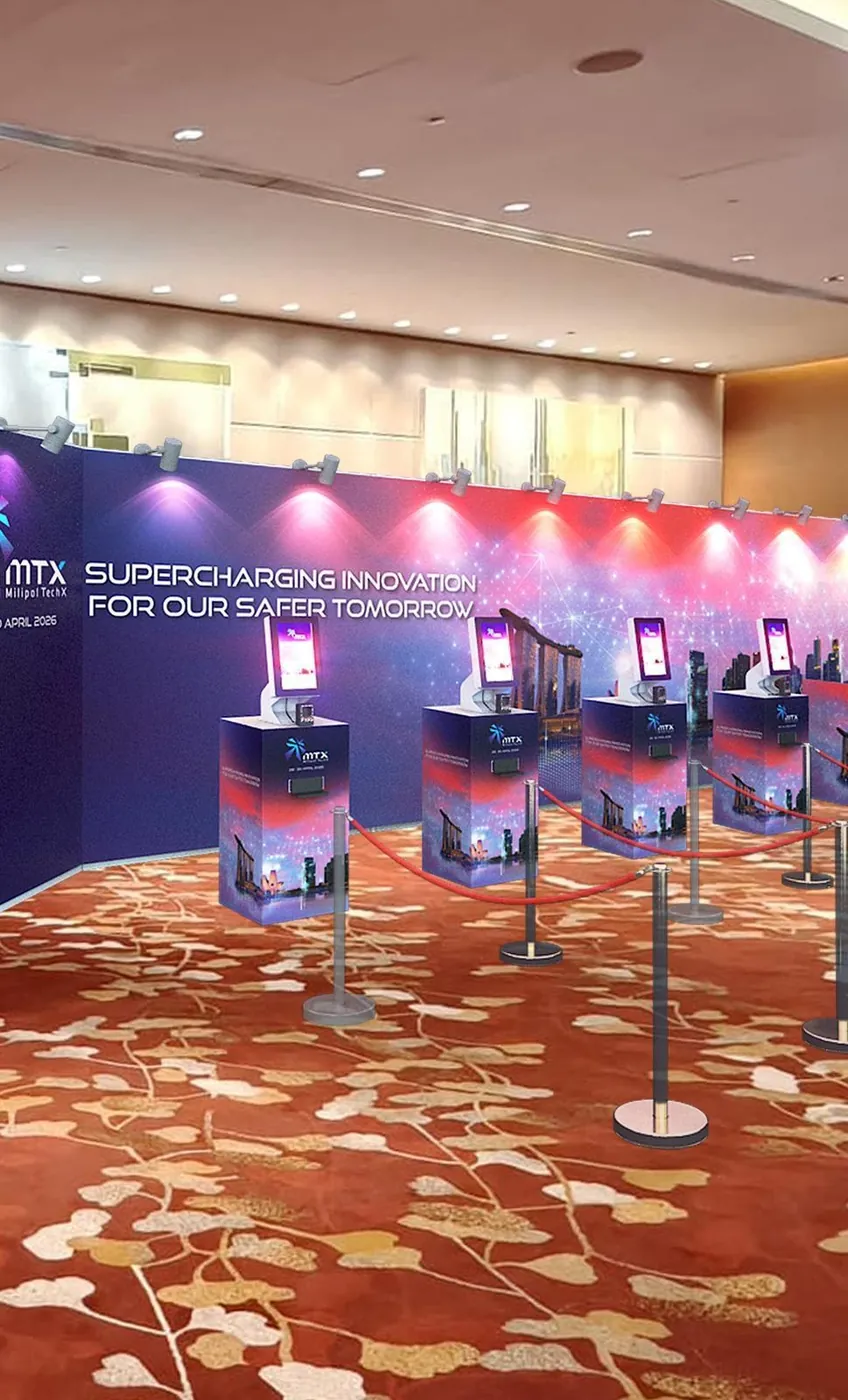 Milipol TechX Summit for HTX · Home Team Science and Technology Agency — Demonstration and voting pods, set out along the main circulation route.