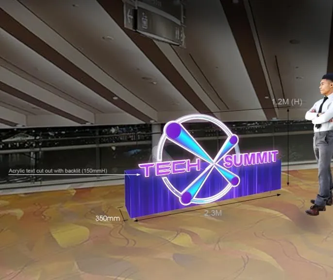 Milipol TechX Summit for HTX · Home Team Science and Technology Agency — Concourse marker. 3 m wide, acrylic cut-out with backlighting and 150 mm returns.