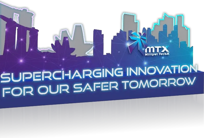 Milipol TechX Summit for HTX · Home Team Science and Technology Agency — Campaign key visual — electric-violet skyline, carried from print into every lit surface.