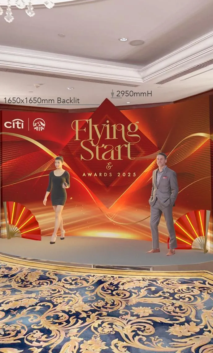 Flying Start Awards & Circle of Elites for Citi · AIA — Citi Flying Start Awards 2025 — backlit portal, 2,950 mm, radiant line work behind the figures.