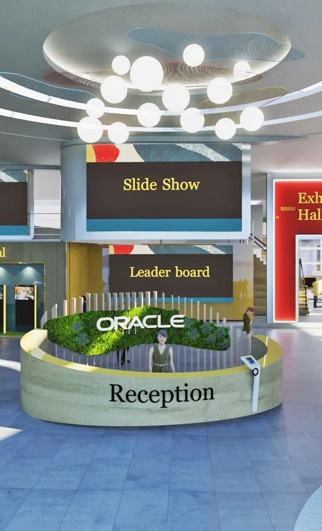 Virtual Event Environments for Various — Arrival lobby — reception, leaderboard and slide-show wall in one sightline.