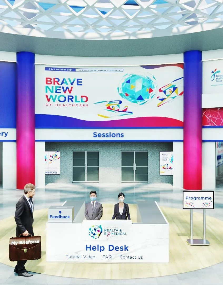 Virtual Event Environments for Various — Healthcare congress entrance. Sessions, programme and help desk signposted at arrival.